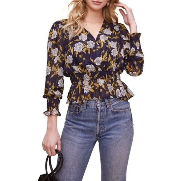 ASTR the Label Floral Peplum Top from: Nordstrom Navy & Gold Size: Small NWOT - Picture 1 of 8